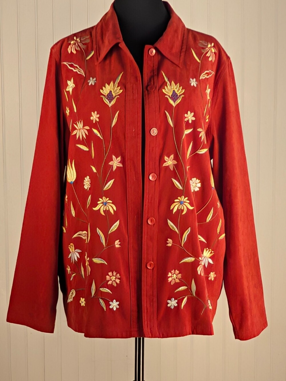 VTG. Susan Graver Auburn Red Faux Suede Embroidered Floral Shirt Jacket Size L